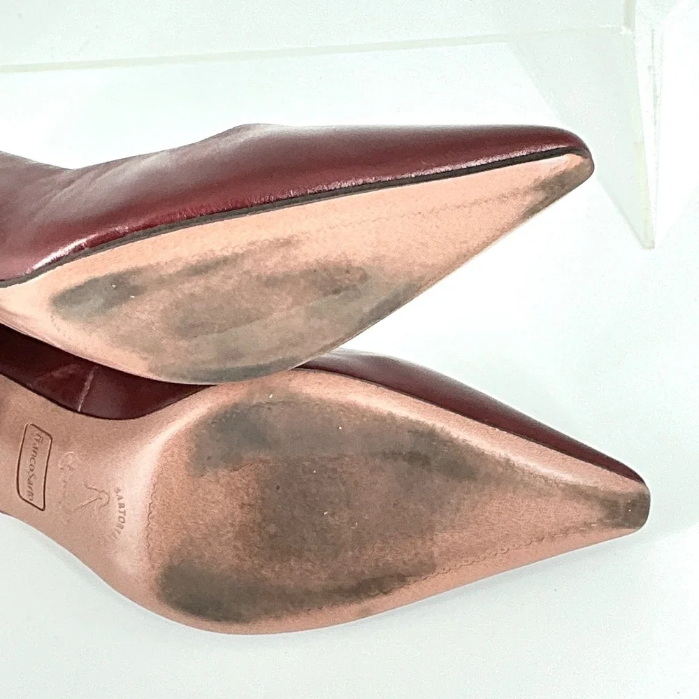 Franco Sarto Size 8 Burgundy Leather Pointed Toe Kitten Heel Pumps Astra